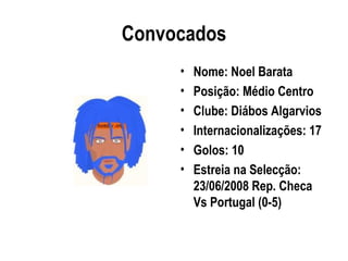Convocados
     •   Nome: Noel Barata
     •   Posição: Médio Centro
     •   Clube: Diábos Algarvios
     •   Internacionalizações: 17
     •   Golos: 10
     •   Estreia na Selecção:
         23/06/2008 Rep. Checa
         Vs Portugal (0-5)
 
