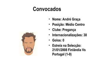 Convocados
     •   Nome: André Graça
     •   Posição: Médio Centro
     •   Clube: Pregança
     •   Internacionalizações: 38
     •   Golos: 0
     •   Estreia na Selecção:
         21/01/2008 Finlândia Vs
         Portugal (1-0)
 