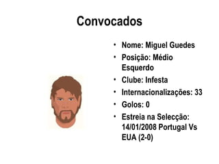 Convocados
     • Nome: Miguel Guedes
     • Posição: Médio
       Esquerdo
     • Clube: Infesta
     • Internacionalizações: 33
     • Golos: 0
     • Estreia na Selecção:
       14/01/2008 Portugal Vs
       EUA (2-0)
 