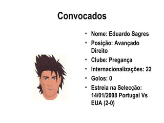 Convocados
     • Nome: Eduardo Sagres
     • Posição: Avançado
       Direito
     • Clube: Pregança
     • Internacionalizações: 22
     • Golos: 0
     • Estreia na Selecção:
       14/01/2008 Portugal Vs
       EUA (2-0)
 