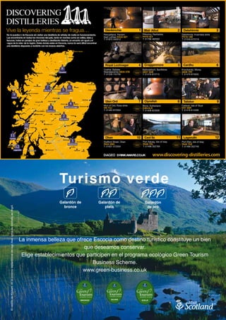 Vive la leyenda mientras se fragua…                                                                                                        Glenkinchie               1 Blair Athol                    2    Dalwhinnie                          3
  No te puedes ir de Escocia sin visitar una destilería de whisky de malta en funcionamiento.                                               Pencaitland, Tranent,          Pitlochry, Perthshire            Dalwhinnie, Inverness-shire
  Las encontrarás en todos los rincones del país, tanto en montes como en valles, islas y                                                   East Lothian EH34 5ET          PH16 5LY                         PH19 1AB
                                                                                                                                            T: 01875 342012                T: 01796 482003                  T: 01540 672219
  llanuras, todas en parajes de gran belleza y destilando historia, un encanto sin igual y el
  «agua de la vida» de la región. Estés donde estés en Escocia, nunca te será difícil encontrar
  una destilería dispuesta a recibirte con los brazos abiertos.




                                                                                                                                             Royal Lochnagar           4    Cragganmore                 5    Cardhu                              6
                                                                                                                            8               Crathie, Ballater,             Ballindalloch, Banffshire        Knockando, Moray
                                                                                                                                            Aberdeenshire AB35 5TB         AB37 9AB                         AB38 7RY
                                                                                                                                            T: 01339 742700                T: 01479 874715                  T: 01479 874635




                                                                                                                    7            6
                                                                                                                             5
                                                                                                   9
                                                                                                                                             Glen Ord                 7     Clynelish                   8    Talisker                            9
                                                                                                                                 4          Muir of Ord, Ross-shire                                         Carbost, Isle of Skye
                                                                                                                                                                           Brora, Sutherland
                                                                                                                        3                   IV6 7UJ                        KW9 6LR                          IV47 8SR
                                                                                                                                            T: 01463 872004                T: 01408 623000                  T: 01478 614308

                                                                                                                             2

                                                                                                             10

         11                                                                                                                                                                                             11 Lagavulin                            12
                                                                                                                                             Oban                     10    Caol Ila
                                                                                                                                     1      Stafford Street, Oban          Port Askaig, Isle of Islay       Port Ellen, Isle of Islay
                                                                                                                                            PA34 5NH                       PA46 7RL                         PA42 7DZ
                                                                                                        12                                  T: 01631 572004                T: 01496 302769                  T: 01496 302749




Diageo_ES_DIGI.indd 1                                                                                                                                                                                                                   09/01/2013 14:23




                                                                                                                            Turismo verde
                                                                                                                            Galardón de   Galardón de                        Galardón
                                                                                                                              bronce         plata                            de oro
     El castillo de Kilchurn, en el extremo septentrional del lago Awe, cerca de Dalmally, en Argyll.




                                                                                                         La inmensa belleza que ofrece Escocia como destino turístico constituye un bien
                                                                                                                                    que deseamos conservar.
                                                                                                          Elige establecimientos que participen en el programa ecológico Green Tourism
                                                                                                                                       Business Scheme.
                                                                                                                                   www.green-business.co.uk
 