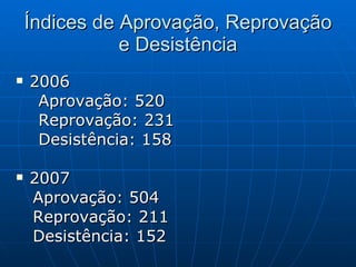 Índices de Aprovação, Reprovação e Desistência 2006 Aprovação: 520 Reprovação: 231 Desistência: 158 2007  Aprovação: 504 Reprovação: 211 Desistência: 152 