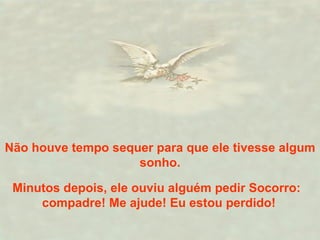 Minutos depois, ele ouviu alguém pedir Socorro:  compadre! Me ajude! Eu estou perdido!   Não houve tempo sequer para que ele tivesse algum sonho. 