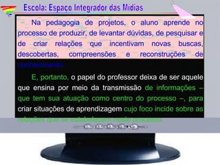 Na pedagogia de projetos, o aluno aprende no processo de produzir, de levantar dúvidas, de pesquisar e de criar relações que incentivam novas buscas, descobertas, compreensões e reconstruções de conhecimento. E, portanto,  o papel do professor deixa de ser aquele que ensina por meio da transmissão  de informações – que tem sua atuação como centro do processo –, para  criar situações de aprendizagem  cujo foco incide sobre as relações que se estabelecem neste processo. Escola: Espaço Integrador das Mídias 
