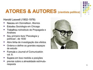 ATORES & AUTORES  (cientista político) Harold Laswell (1902-1978) Nasceu  em Donnellson, Illionios  Estudou  Sociologia em Chicago Trabalhou  noInstituto de Propagada e Analises Seu primeiro  livro :”Psicología y políticas”, de 1930 Abre  linha  de investigação dos efeitos Ordena e define os grandes espaços de estudo Formula  o Joumal of Comunicatión vol. 8. Supera  em boa medida a posições previas sobre a alinealidade estímulo-resposta 