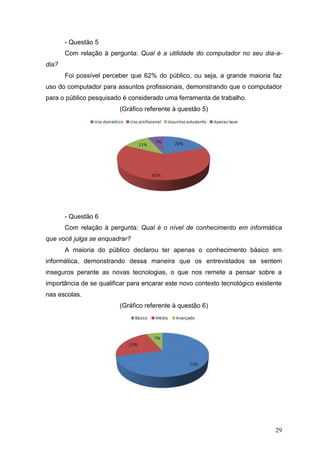 29
- Questão 5
Com relação à pergunta: Qual é a utilidade do computador no seu dia-a-
dia?
Foi possível perceber que 62% do público, ou seja, a grande maioria faz
uso do computador para assuntos profissionais, demonstrando que o computador
para o público pesquisado é considerado uma ferramenta de trabalho.
(Gráfico referente à questão 5)
- Questão 6
Com relação à pergunta: Qual é o nível de conhecimento em informática
que você julga se enquadrar?
A maioria do público declarou ter apenas o conhecimento básico em
informática, demonstrando dessa maneira que os entrevistados se sentem
inseguros perante as novas tecnologias, o que nos remete a pensar sobre a
importância de se qualificar para encarar este novo contexto tecnológico existente
nas escolas.
(Gráfico referente à questão 6)
 