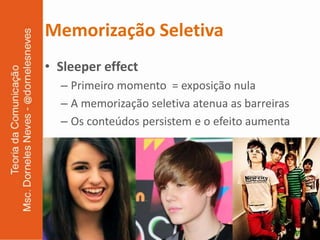 Memorização Seletiva
• Sleeper effect
  – Primeiro momento = exposição nula
  – A memorização seletiva atenua as barreiras
  – Os conteúdos persistem e o efeito aumenta
 