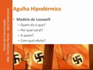 Agulha Hipodérmica
• Modelo de Lasswell
  – Quem diz o que?
  – Por qual canal?
  – A quem?
  – Com qual efeito?
 