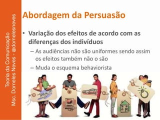 Abordagem da Persuasão
• Variação dos efeitos de acordo com as
  diferenças dos indivíduos
  – As audiências não são uniformes sendo assim
    os efeitos também não o são
  – Muda o esquema behaviorista
 