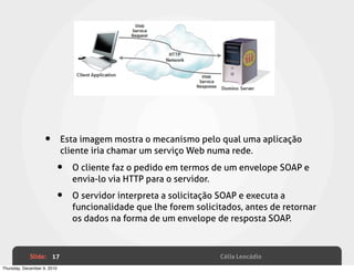 •        Esta imagem mostra o mecanismo pelo qual uma aplicação
                             cliente iria chamar um serviço Web numa rede.

                         •     O cliente faz o pedido em termos de um envelope SOAP e
                               envia-lo via HTTP para o servidor.

                         •     O servidor interpreta a solicitação SOAP e executa a
                               funcionalidade que lhe forem solicitados, antes de retornar
                               os dados na forma de um envelope de resposta SOAP.



             Slide: 17                                            Célia Leocádio
Thursday, December 9, 2010
 