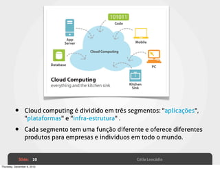 •      Cloud computing é dividido em três segmentos: "aplicações",
                 "plataformas" e "infra-estrutura" .

          •      Cada segmento tem uma função diferente e oferece diferentes
                 produtos para empresas e indivíduos em todo o mundo.


             Slide: 20                                 Célia Leocádio
Thursday, December 9, 2010
 