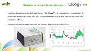 15 
Contadores inteligentes residenciais 
IV Conferência CIDAADS 
•Instalação de equipamentos de telecontagem (“kit Cloogy®” – da empresa ISA) em residências de professores e encarregados de educação, complementada com relatórios de consumo produzidos pela Lisboa E-Nova. 
•Permite a gestão remota de consumos e o controlo do equipamento à distância.  