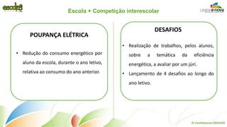 Escola + Competição interescolar 
POUPANÇA ELÉTRICA 
•Redução do consumo energético por aluno da escola, durante o ano letivo, relativa ao consumo do ano anterior. 
DESAFIOS 
•Realização de trabalhos, pelos alunos, sobre a temática da eficiência energética, a avaliar por um júri. 
•Lançamento de 4 desafios ao longo do ano letivo. 
IV Conferência CIDAADS  