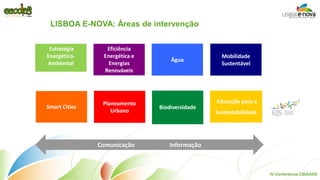 LISBOA E-NOVA: Áreas de intervenção 
Estratégia Energético- Ambiental 
Eficiência Energética e Energias Renováveis 
Água 
Mobilidade Sustentável 
Smart Cities 
Planeamento Urbano 
Biodiversidade 
Sensibilização Ambiental 
Comunicação Informação 
Educação para a Sustentabilidade 
IV Conferência CIDAADS  