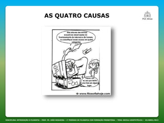DISCIPLINA: INTRODUÇÃO À FILOSOFIA – PROF. PE. JOÃO NOGUEIRA – 1º PERÍODO DE FILOSOFIA COM FORMAÇÃO PRESBITERAL – TEMA: ESCOLA ARISTOTÉLICA – 23/ABRIL/2013
AS QUATRO CAUSAS
 