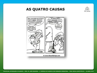 DISCIPLINA: INTRODUÇÃO À FILOSOFIA – PROF. PE. JOÃO NOGUEIRA – 1º PERÍODO DE FILOSOFIA COM FORMAÇÃO PRESBITERAL – TEMA: ESCOLA ARISTOTÉLICA – 23/ABRIL/2013
AS QUATRO CAUSAS
 