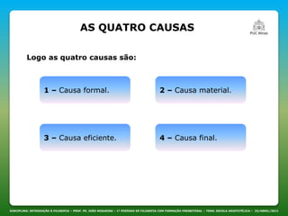 DISCIPLINA: INTRODUÇÃO À FILOSOFIA – PROF. PE. JOÃO NOGUEIRA – 1º PERÍODO DE FILOSOFIA COM FORMAÇÃO PRESBITERAL – TEMA: ESCOLA ARISTOTÉLICA – 23/ABRIL/2013
Logo as quatro causas são:
AS QUATRO CAUSAS
1 – Causa formal.
3 – Causa eficiente.
2 – Causa material.
4 – Causa final.
 