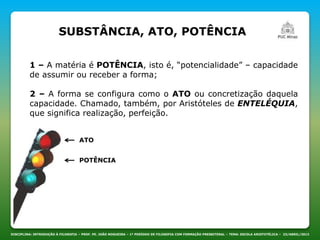 SUBSTÂNCIA, ATO, POTÊNCIA
DISCIPLINA: INTRODUÇÃO À FILOSOFIA – PROF. PE. JOÃO NOGUEIRA – 1º PERÍODO DE FILOSOFIA COM FORMAÇÃO PRESBITERAL – TEMA: ESCOLA ARISTOTÉLICA – 23/ABRIL/2013
1 – A matéria é POTÊNCIA, isto é, “potencialidade” – capacidade
de assumir ou receber a forma;
2 – A forma se configura como o ATO ou concretização daquela
capacidade. Chamado, também, por Aristóteles de ENTELÉQUIA,
que significa realização, perfeição.
ATO
POTÊNCIA
 