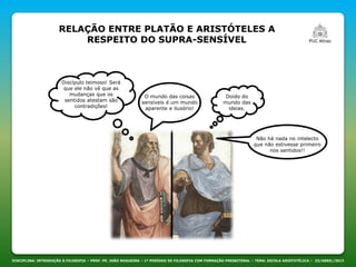 RELAÇÃO ENTRE PLATÃO E ARISTÓTELES A
RESPEITO DO SUPRA-SENSÍVEL
DISCIPLINA: INTRODUÇÃO À FILOSOFIA – PROF. PE. JOÃO NOGUEIRA – 1º PERÍODO DE FILOSOFIA COM FORMAÇÃO PRESBITERAL – TEMA: ESCOLA ARISTOTÉLICA – 23/ABRIL/2013
Discípulo teimoso! Será
que ele não vê que as
mudanças que os
sentidos atestam são
contradições!
O mundo das coisas
sensíveis é um mundo
aparente e ilusório!
Doido do
mundo das
ideias.
Não há nada no intelecto
que não estivesse primeiro
nos sentidos!!
 