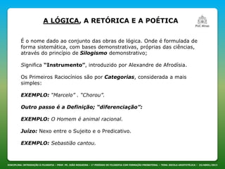DISCIPLINA: INTRODUÇÃO À FILOSOFIA – PROF. PE. JOÃO NOGUEIRA – 1º PERÍODO DE FILOSOFIA COM FORMAÇÃO PRESBITERAL – TEMA: ESCOLA ARISTOTÉLICA – 23/ABRIL/2013
A LÓGICA, A RETÓRICA E A POÉTICA
É o nome dado ao conjunto das obras de lógica. Onde é formulada de
forma sistemática, com bases demonstrativas, próprias das ciências,
através do princípio de Silogismo demonstrativo;
Significa “Instrumento”, introduzido por Alexandre de Afrodísia.
Os Primeiros Raciocínios são por Categorias, considerada a mais
simples:
EXEMPLO: “Marcelo” . “Chorou”.
Outro passo é a Definição; “diferenciação”:
EXEMPLO: O Homem é animal racional.
Juízo: Nexo entre o Sujeito e o Predicativo.
EXEMPLO: Sebastião cantou.
 