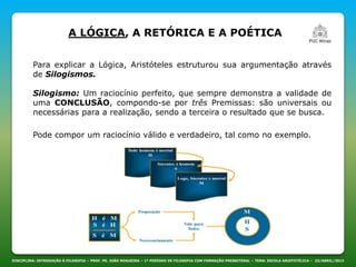 DISCIPLINA: INTRODUÇÃO À FILOSOFIA – PROF. PE. JOÃO NOGUEIRA – 1º PERÍODO DE FILOSOFIA COM FORMAÇÃO PRESBITERAL – TEMA: ESCOLA ARISTOTÉLICA – 23/ABRIL/2013
A LÓGICA, A RETÓRICA E A POÉTICA
Para explicar a Lógica, Aristóteles estruturou sua argumentação através
de Silogismos.
Silogismo: Um raciocínio perfeito, que sempre demonstra a validade de
uma CONCLUSÃO, compondo-se por três Premissas: são universais ou
necessárias para a realização, sendo a terceira o resultado que se busca.
Pode compor um raciocínio válido e verdadeiro, tal como no exemplo.
 