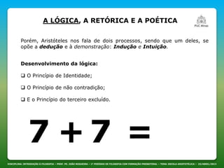DISCIPLINA: INTRODUÇÃO À FILOSOFIA – PROF. PE. JOÃO NOGUEIRA – 1º PERÍODO DE FILOSOFIA COM FORMAÇÃO PRESBITERAL – TEMA: ESCOLA ARISTOTÉLICA – 23/ABRIL/2013
A LÓGICA, A RETÓRICA E A POÉTICA
Porém, Aristóteles nos fala de dois processos, sendo que um deles, se
opõe a dedução e à demonstração: Indução e Intuição.
Desenvolvimento da lógica:
 O Princípio de Identidade;
 O Princípio de não contradição;
 E o Princípio do terceiro excluído.
+ 7 =7
 