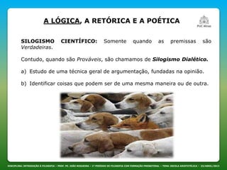 DISCIPLINA: INTRODUÇÃO À FILOSOFIA – PROF. PE. JOÃO NOGUEIRA – 1º PERÍODO DE FILOSOFIA COM FORMAÇÃO PRESBITERAL – TEMA: ESCOLA ARISTOTÉLICA – 23/ABRIL/2013
A LÓGICA, A RETÓRICA E A POÉTICA
SILOGISMO CIENTÍFICO: Somente quando as premissas são
Verdadeiras.
Contudo, quando são Prováveis, são chamamos de Silogismo Dialético.
a) Estudo de uma técnica geral de argumentação, fundadas na opinião.
b) Identificar coisas que podem ser de uma mesma maneira ou de outra.
 