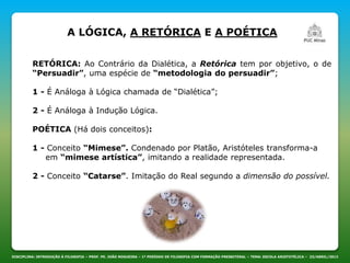 DISCIPLINA: INTRODUÇÃO À FILOSOFIA – PROF. PE. JOÃO NOGUEIRA – 1º PERÍODO DE FILOSOFIA COM FORMAÇÃO PRESBITERAL – TEMA: ESCOLA ARISTOTÉLICA – 23/ABRIL/2013
A LÓGICA, A RETÓRICA E A POÉTICA
RETÓRICA: Ao Contrário da Dialética, a Retórica tem por objetivo, o de
“Persuadir”, uma espécie de “metodologia do persuadir”;
1 - É Análoga à Lógica chamada de “Dialética”;
2 - É Análoga à Indução Lógica.
POÉTICA (Há dois conceitos):
1 - Conceito “Mimese”. Condenado por Platão, Aristóteles transforma-a
em “mimese artística”, imitando a realidade representada.
2 - Conceito “Catarse”. Imitação do Real segundo a dimensão do possível.
 
