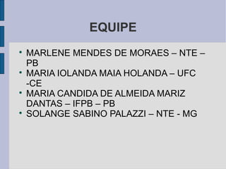 EQUIPE

MARLENE MENDES DE MORAES – NTE –
PB

MARIA IOLANDA MAIA HOLANDA – UFC
-CE

MARIA CANDIDA DE ALMEIDA MARIZ
DANTAS – IFPB – PB

SOLANGE SABINO PALAZZI – NTE - MG
 