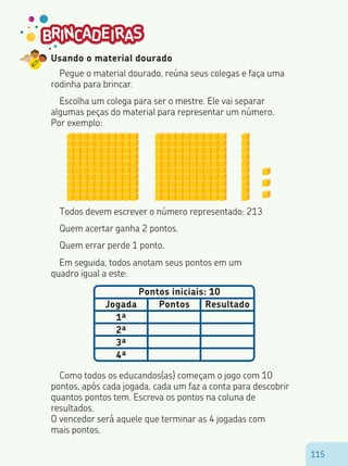 115115
Usando o material dourado
Pegue o material dourado, reúna seus colegas e faça uma
rodinha para brincar.
Escolha um colega para ser o mestre. Ele vai separar
algumas peças do material para representar um número.
Por exemplo:
Todos devem escrever o número representado: 213
Quem acertar ganha 2 pontos.
Quem errar perde 1 ponto.
Em seguida, todos anotam seus pontos em um
quadro igual a este:
Pontos iniciais: 10
Jogada
1ª
2ª
3ª
4ª
Pontos Resultado
Como todos os educandos(as) começam o jogo com 10
pontos, após cada jogada, cada um faz a conta para descobrir
quantos pontos tem. Escreva os pontos na coluna de
resultados.
O vencedor será aquele que terminar as 4 jogadas com
mais pontos.
 
