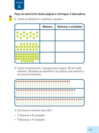 155
4
Unidade
1	 Conte as bolinhas e complete o quadro.
Número Dezenas e unidades
2	 Conte os palitos dos 3 grupos para colocar 10 em cada
caixinha. Desenhe as caixinhas e os palitos que sobram e
escreva os números.
3	 Escreva os números que têm:
•	 7 dezenas e 8 unidades
•	 9 dezenas e 9 unidades
Faça os exercícios desta página e entregue à educadora.
 