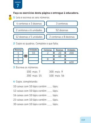 159
DezenasCentenasDezenas
1
3
5
9
7
Unidade
1	 Leia e escreva os seis números.
12 dezenas e 5 unidades
2 centenas e 6 unidades
4 centenas e 3 dezenas 3 centenas
52 dezenas
2 centenas e 8 dezenas
2	 Copie os quadros. Complete o que falta.
Unidades Unidades
10 2 20 200
600
40
8
3	 Escreva os números:
100 mais 7
200 mais 15
300 mais 9
100 mais 56
4	 Copie, completando:
10 caixas com 10 lápis contém		 lápis.
12 caixas com 10 lápis contém		 lápis.
16 caixas com 10 lápis contém		 lápis.
23 caixas com 10 lápis contém		 lápis.
30 caixas com 10 lápis contém		 lápis.
Faça os exercícios desta página e entregue à educadora.
 