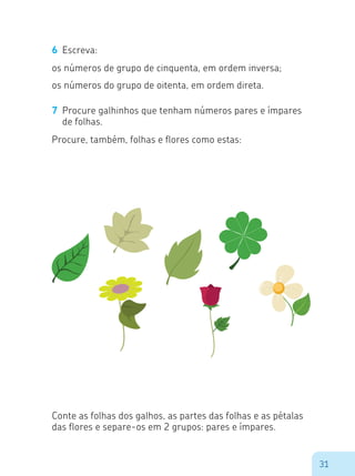 31
6	 Escreva:
os números de grupo de cinquenta, em ordem inversa;
os números do grupo de oitenta, em ordem direta.
7	 Procure galhinhos que tenham números pares e ímpares
de folhas.
Procure, também, folhas e flores como estas:
Conte as folhas dos galhos, as partes das folhas e as pétalas
das flores e separe-os em 2 grupos: pares e ímpares.
 