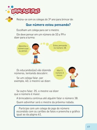 6969
Adivinhe o
número que
eu pensei.
Não! O
número é
menor.
Reúna-se com os colegas do 3º ano para brincar de:
Que número estou pensando?
Escolham um colega para ser o mestre.
Ele deve pensar em um número de 10 a 99 e
dizer para a turma:
Estou pensando
no número 38.
Os educandos(as) vão dizendo
números, tentando descobrir.
Se um colega falar, por
exemplo, 40, o mestre vai dizer:
Se outro falar: 35, o mestre vai dizer
que o número é maior.
A brincadeira continua até alguém falar o número 38.
Quem adivinhar será o mestre da próxima rodada.
Participe com um colega do jogo do número
escondido com os cartões de fatos e preencha o gráfico
igual ao da página 61.
 