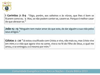 I Coríntios 7: 8-9 “Digo, porém, aos solteiros e às viúvas, que lhes é bom se
ficarem como eu. 9 Mas, se não podem conter-se, casem-se. Porque é melhor casar
do que abrasar-se.”

João 15 : 13 "Ninguém tem maior amor do que este, de dar alguém a sua vida pelos
seus amigos.”


Gálatas 2 : 20 "Já estou crucificado com Cristo; e vivo, não mais eu, mas Cristo vive
em mim; e a vida que agora vivo na carne, vivo-a na fé do Filho de Deus, o qual me
amou, e se entregou a si mesmo por mim.”




      Comunidade Evangélica Cristo Para as Nações – Escola Bíblica 2013
 