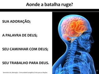 Aonde a batalha ruge?
Seminário de Libertação – Comunidade Evangélica Cristo para as Nações
22
SUA ADORAÇÃO;
A PALAVRA DE DEUS;
SEU CAMINHAR COM DEUS;
SEU TRABALHO PARA DEUS.
 