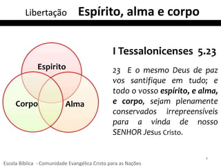 Espirito
AlmaCorpo
I Tessalonicenses 5.23
23 E o mesmo Deus de paz
vos santifique em tudo; e
todo o vosso espírito, e alma,
e corpo, sejam plenamente
conservados irrepreensíveis
para a vinda de nosso
SENHOR Jesus Cristo.
Libertação Espírito, alma e corpo
8
Escola Bíblica - Comunidade Evangélica Cristo para as Nações
 