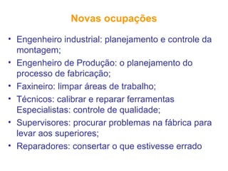 Novas ocupações
• Engenheiro industrial: planejamento e controle da
montagem;
• Engenheiro de Produção: o planejamento do
processo de fabricação;
• Faxineiro: limpar áreas de trabalho;
• Técnicos: calibrar e reparar ferramentas
Especialistas: controle de qualidade;
• Supervisores: procurar problemas na fábrica para
levar aos superiores;
• Reparadores: consertar o que estivesse errado
 