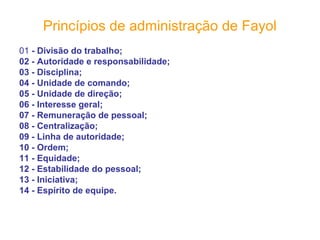 Princípios de administração de Fayol
01 - Divisão do trabalho;
02 - Autoridade e responsabilidade;
03 - Disciplina;
04 - Unidade de comando;
05 - Unidade de direção;
06 - Interesse geral;
07 - Remuneração de pessoal;
08 - Centralização;
09 - Linha de autoridade;
10 - Ordem;
11 - Equidade;
12 - Estabilidade do pessoal;
13 - Iniciativa;
14 - Espírito de equipe.
 
