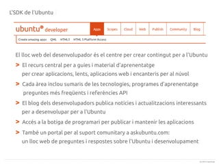 L'SDK de l'Ubuntu

El lloc web del desenvolupador és el centre per crear contingut per a l'Ubuntu

>

El recurs central per a guies i material d'aprenentatge
per crear aplicacions, lents, aplicacions web i encanteris per al núvol

>

Cada àrea inclou sumaris de les tecnologies, programes d'aprenentatge
preguntes més freqüents i referències API

>

El blog dels desenvolupadors publica notícies i actualitzacions interessants
per a desenvolupar per a l'Ubuntu

>
>

Accés a la botiga de programari per publicar i mantenir les aplicacions
També un portal per al suport comunitary a askubuntu.com:
un lloc web de preguntes i respostes sobre l'Ubuntu i desenvolupament

(c) 2013 Canonical

 