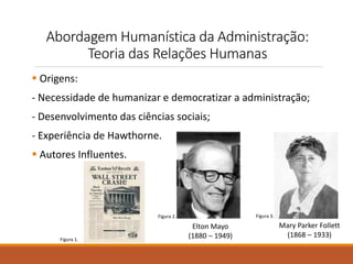 Abordagem Humanística da Administração: 
Teoria das Relações Humanas 
 Origens: 
- Necessidade de humanizar e democratizar a administração; 
- Desenvolvimento das ciências sociais; 
- Experiência de Hawthorne. 
 Autores Influentes. 
Elton Mayo 
(1880 – 1949) 
Mary Parker Follett 
(1868 – 1933) 
Figura 1. 
Figura 2. Figura 3. 
 
