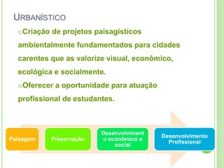 URBANÍSTICO
Paisagem Preservação
Desenvolviment
o econômico e
social
Desenvolvimento
Profissional
oCriação de projetos paisagísticos
ambientalmente fundamentados para cidades
carentes que as valorize visual, econômico,
ecológica e socialmente.
oOferecer a oportunidade para atuação
profissional de estudantes.
 