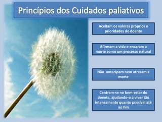 Aceitam os valores próprios e
     prioridades do doente


 Afirmam a vida e encaram a
morte como um processo natural




 Não antecipam nem atrasam a
            morte


   Centram-se no bem-estar do
  doente, ajudando-o a viver tão
intensamente quanto possível até
              ao fim
 