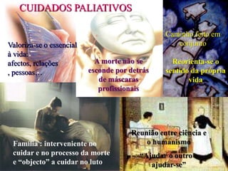 CUIDADOS PALIATIVOS

                                                Caminho feito em
Valoriza-se o essencial                            conjunto
à vida:
afectos, relações           A morte não se        Reorienta-se o
, pessoas…                esconde por detrás    sentido da própria
                             de máscaras               vida
                             profissionais




                                      Reunião entre ciência e
 Família : interveniente no               o humanismo
 cuidar e no processo da morte           “Ajudar o outro a
 e “objecto” a cuidar no luto               ajudar-se”
 
