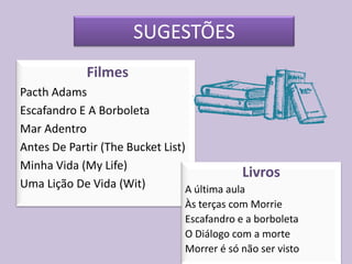 SUGESTÕES
             Filmes
Pacth Adams
Escafandro E A Borboleta
Mar Adentro
Antes De Partir (The Bucket List)
Minha Vida (My Life)
                                             Livros
Uma Lição De Vida (Wit)          A última aula
                                Às terças com Morrie
                                Escafandro e a borboleta
                                O Diálogo com a morte
                                Morrer é só não ser visto
 