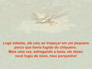 Logo adiante, ele caiu ao tropeçar em um pequeno
porco que havia fugido do chiqueiro.
Mais uma vez, esfregando a testa, ele disse:
você fugiu de novo, meu porquinho!
 
