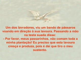 Um dos lavradores, viu um bando de pássaros 
voando em direção à sua lavoura. Passando a mão 
na testa suada disse: 
- Por favor, meus passarinhos, não comam toda a 
minha plantação! Eu preciso que esta lavoura 
cresça e produza, pois é daí que tiro o meu 
sustento. 
 