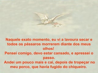 Naquele exato momento, eu vi a lavoura secar e 
todos os pássaros morrerem diante dos meus 
olhos! 
Pensei comigo, devo estar cansado, e apressei o 
passo. 
Andei um pouco mais e cai, depois de tropeçar no 
meu porco, que havia fugido do chiqueiro. 
 