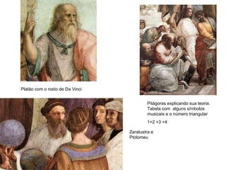 Platão com o rosto de Da Vinci Pitágoras explicando sua teoria. Tabela com  alguns símbolos musicais e o número triangular  1+2 +3 +4 Zaratustra e Ptolomeu 
