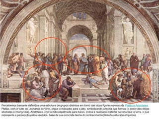 Percebemos bastante definidas uma estrutura de grupos distintos em torno das duas figuras centrais de  Platão e Aristóteles .   Platão, com o vulto de Leonardo da Vinci, ergue o indicador para o alto, simbolizando a teoria das formas (o poder das idéias abstratas e intangíveis). Aristóteles, com a mão espalmada para baixo, indica a realidade material da natureza, a terra, o que representa a percepção pelos sentidos, base de sua concreta teoria do conhecimento(filosofia natural e empírica).  